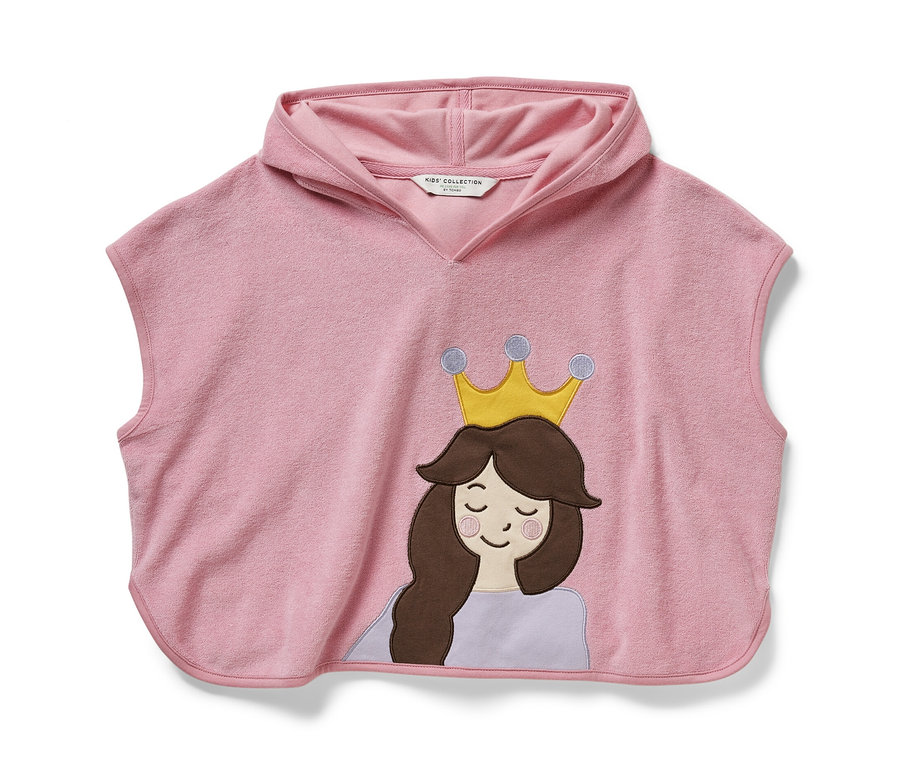 Poncho rose en éponge avec capuche et motif de princesse.