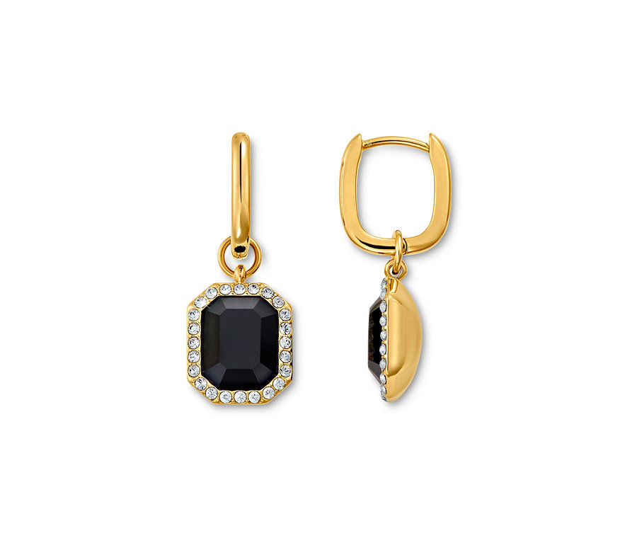Deux boucles d'oreilles Créoles Royal Black dorées avec pierre noire et cristaux transparents.