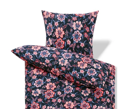 Parure de lit en renforcé bleu foncé à fleurs, taille normale, avec oreiller et couette.