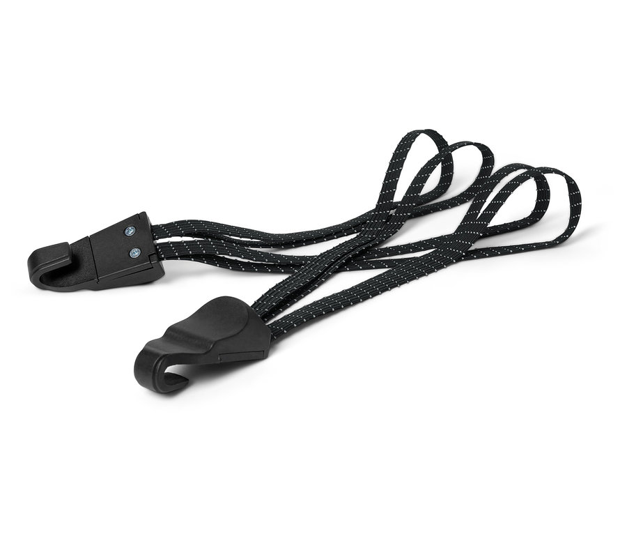 Deux sangles élastiques noires avec des crochets aux extrémités, posées sur un fond blanc.