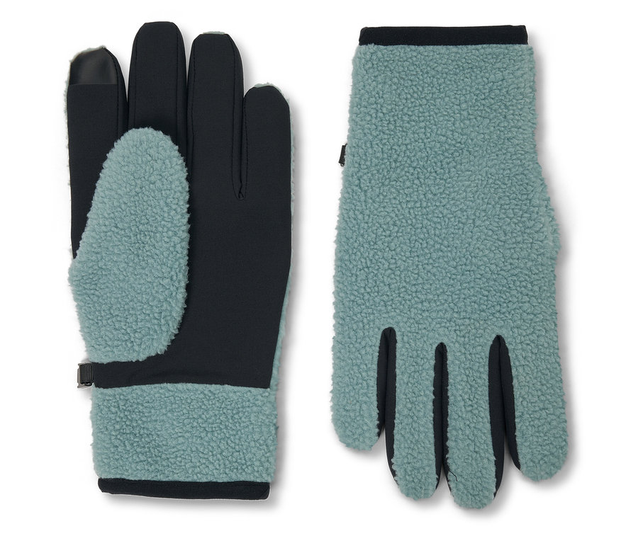 Deux gants : l’un noir avec une paume en polaire turquoise, l’autre en polaire turquoise.