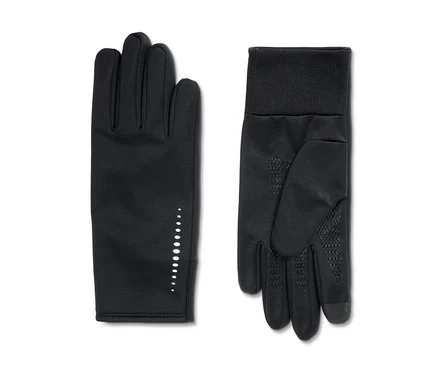 Deux gants thermiques noirs pour protection contre le vent, l'un avec des points réfléchissants sur le dos, l'autre avec une paume adhérente et un poignet côtelé.