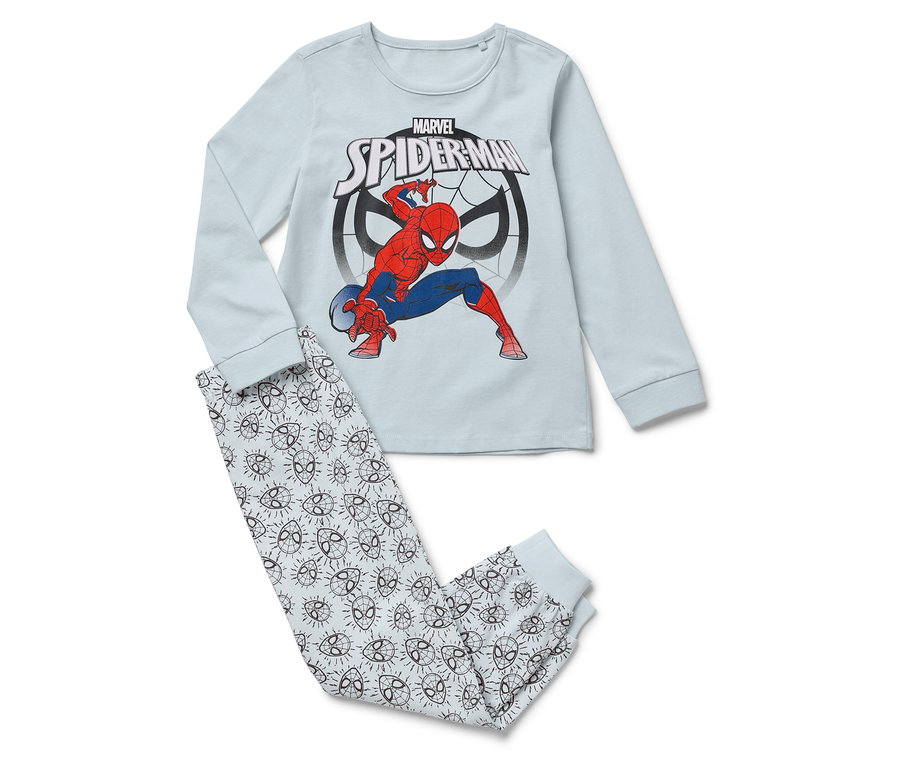 Pyjama clair avec haut à manches longues Spiderman et pantalon avec masques Spiderman.