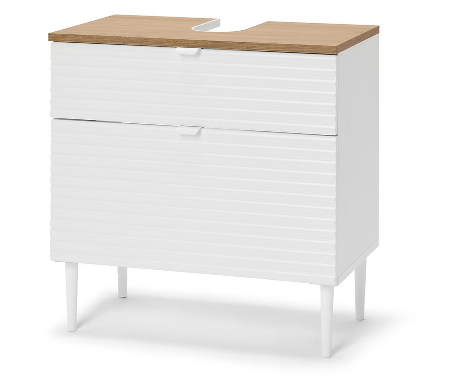 Meuble de salle de bain blanc avec deux tiroirs et un plan de toilette en bois clair.