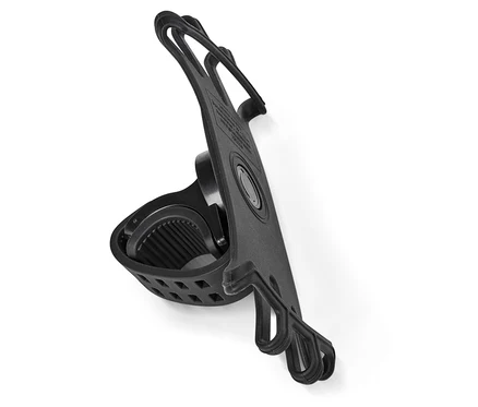 Support de téléphone de vélo noir avec fixation par élastique sur fond blanc.