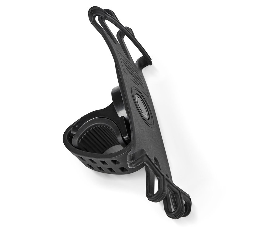 Support de téléphone de vélo noir avec fixation par élastique sur fond blanc.