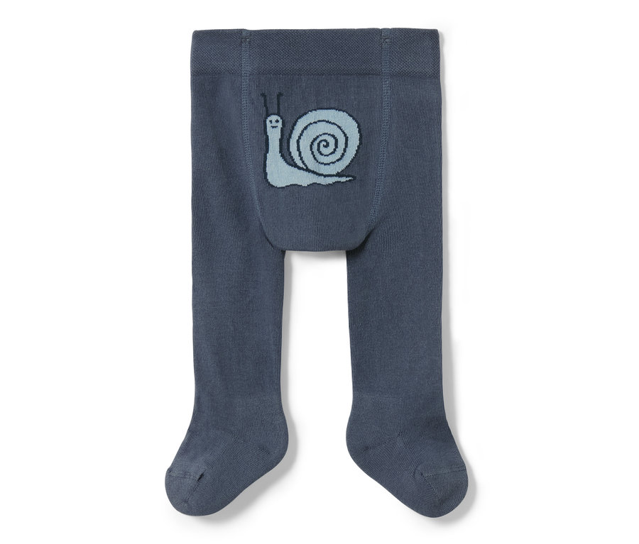 Collant bleu pour bébé avec motif d'escargot bleu clair sur le ventre.