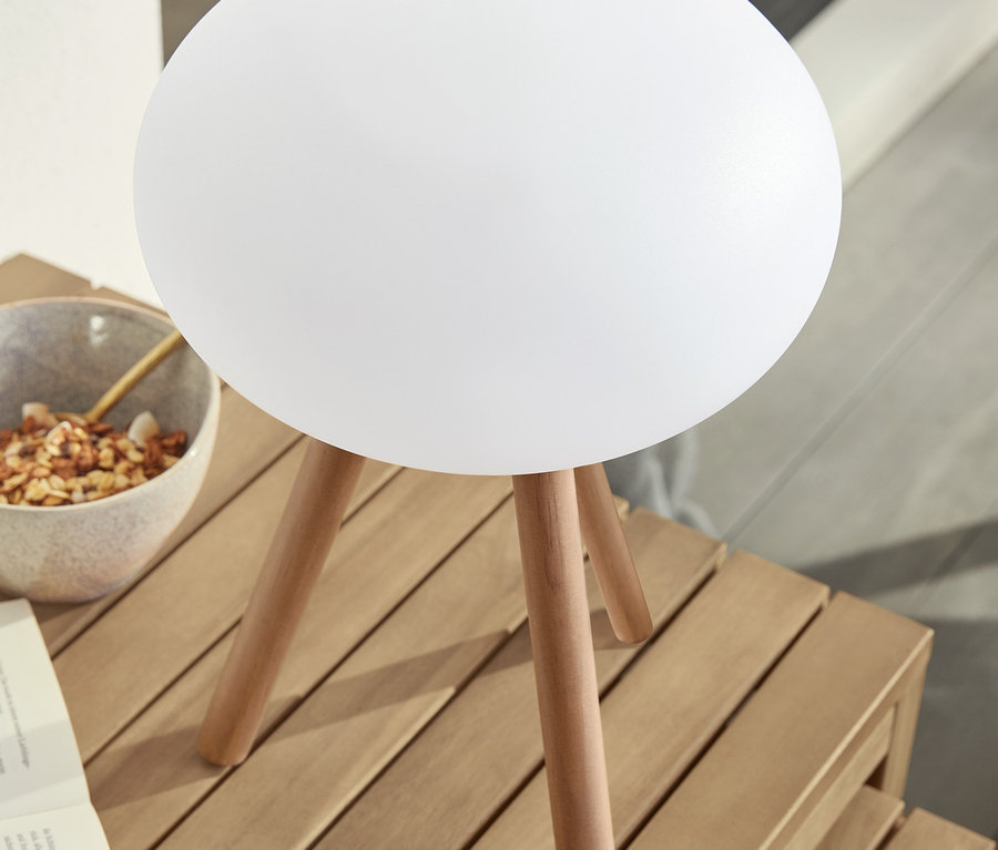 Sur une table en bois se trouvent une lampe de table LED à piles avec pieds en bois massif, un bol de nourriture et un livre ouvert.