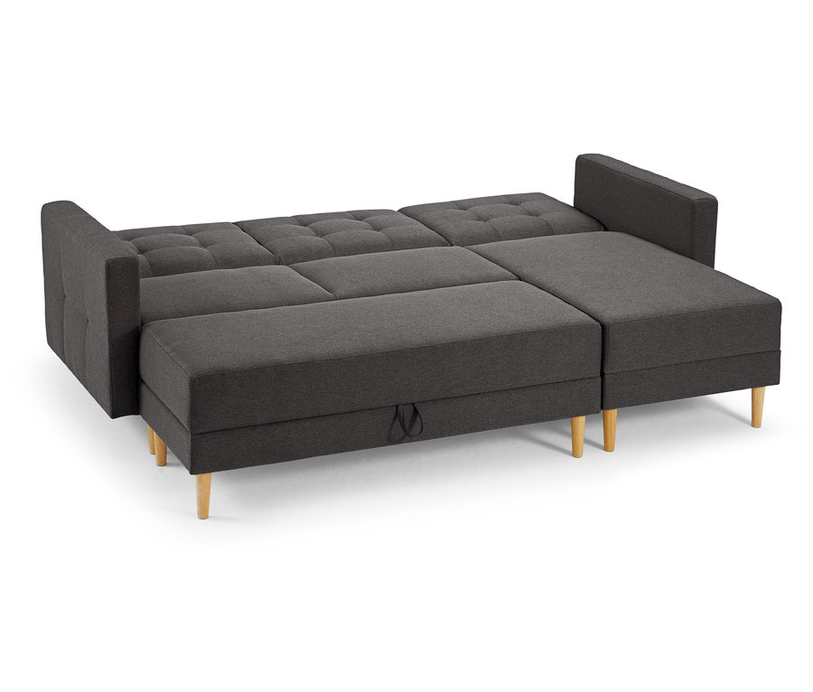 Canapé-lit d’angle avec cœur à ressorts et banquette de rangement partiellement assemblé.