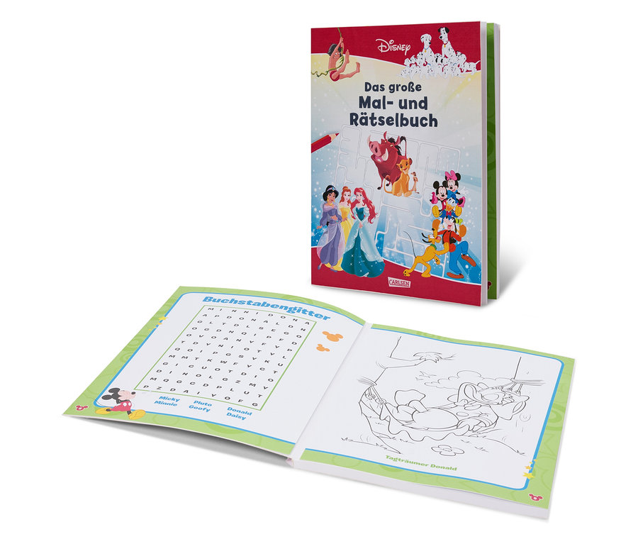 Deux cahiers ouverts Carlsen Disney Das große Mal- und Rätselbuch, un fermé et un avec un jeu et une page à colorier.