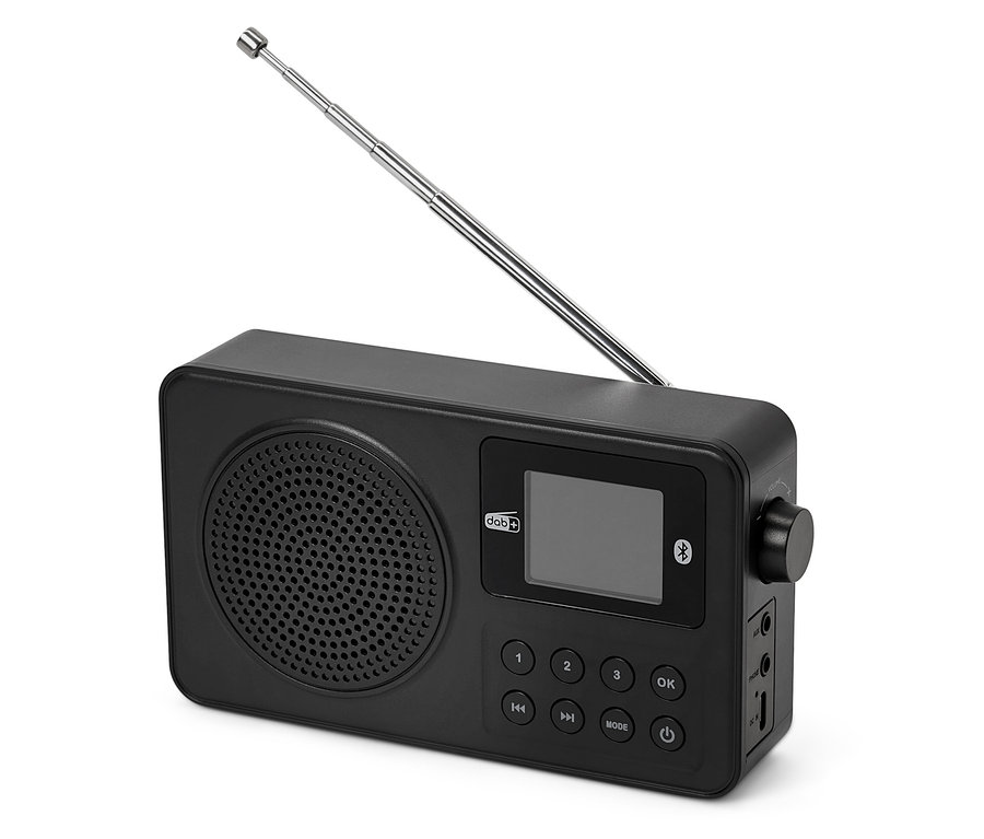 Radio DAB+/ FM noire avec antenne.