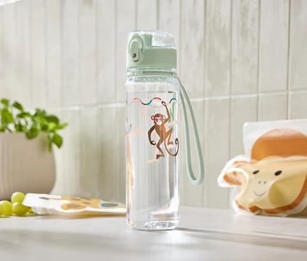 Une bouteille d'eau transparente avec des autocollants de singe est posée sur un comptoir de cuisine à côté d'un pot de plantes vertes et de sacs à collation réutilisables.