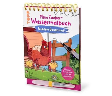 Gros plan sur un 'Mein Zauber-Wassermalbuch' avec une poule et des poussins dans une ferme, incluant un pinceau.