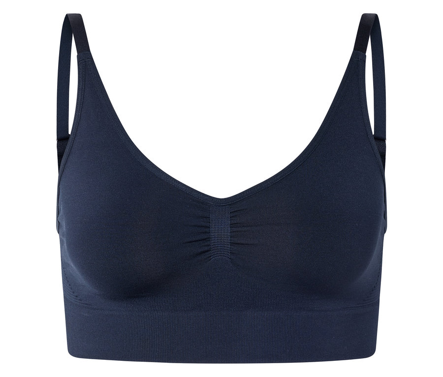 Soutien-gorge bleu marine avec col en V et bretelles.