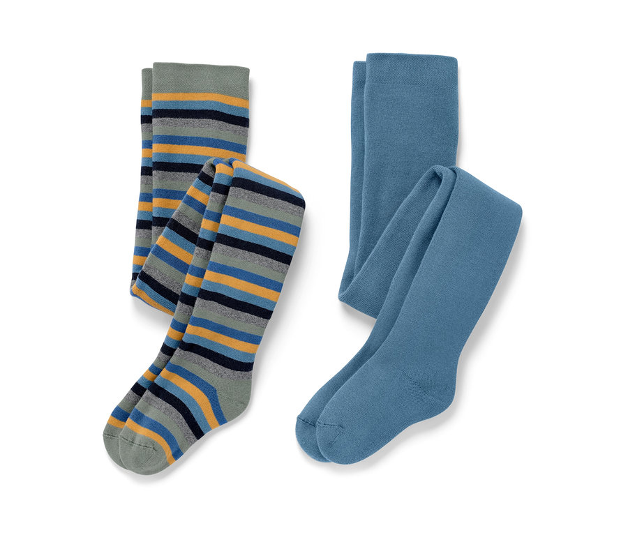 2 collants thermiques pour enfant, bleu et multicolore.