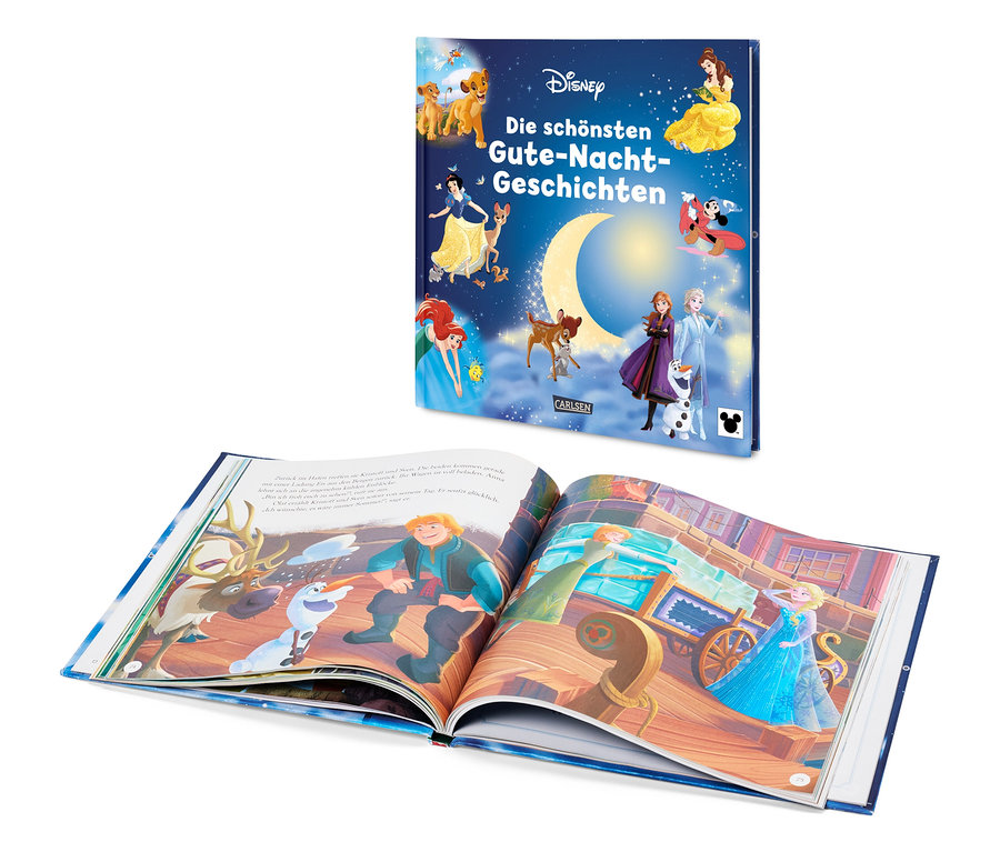 Un livre ouvert présente une illustration de personnages du film La Reine des Neiges, tandis qu'un autre livre intitulé Les plus belles histoires du soir est visible en arrière-plan.