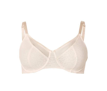 Soutien-gorge beige clair avec un motif en dentelle subtil, des bretelles réglables et des bonnets couvrants, sur fond blanc.