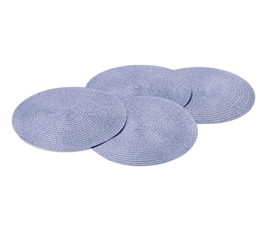 Quatre sets de table ronds bleus sur fond blanc.
