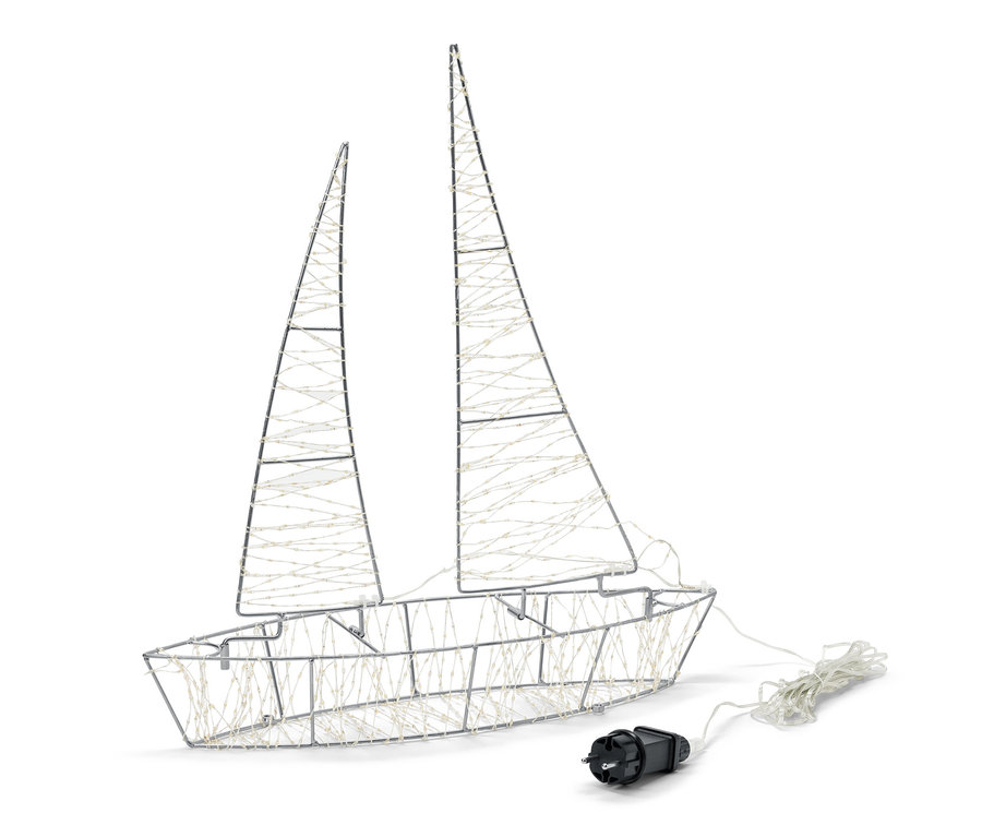 Un bateau extérieur 3D à LED argenté avec un câble d'alimentation sur fond blanc.