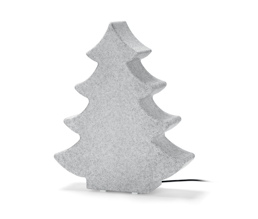 Une lampe d’extérieur LED Smart « Sapin » grise en forme de sapin de Noël.