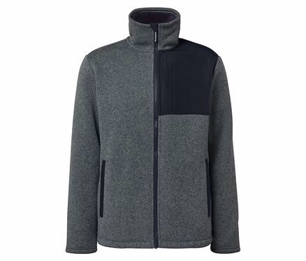 Veste en polaire grise avec détails bleu foncé sur la poche poitrine et la fermeture éclair.