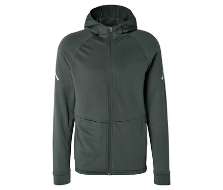 Veste thermique vert foncé avec capuche, fermeture éclair intégrale et accents blancs sur les manches.