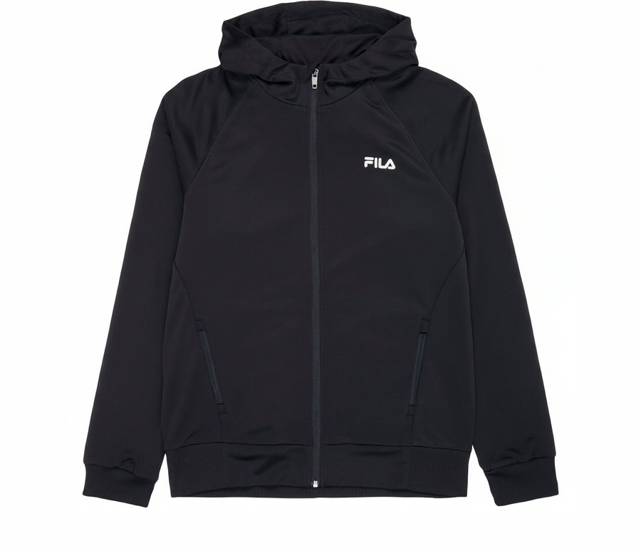 Veste sweat technique noire pour homme FILA avec capuche et fermeture éclair. Logo FILA sur la poitrine.