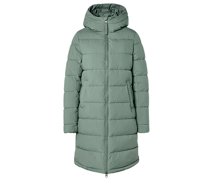 Manteau matelassé vert menthe avec capuche et fermeture éclair sur le devant.