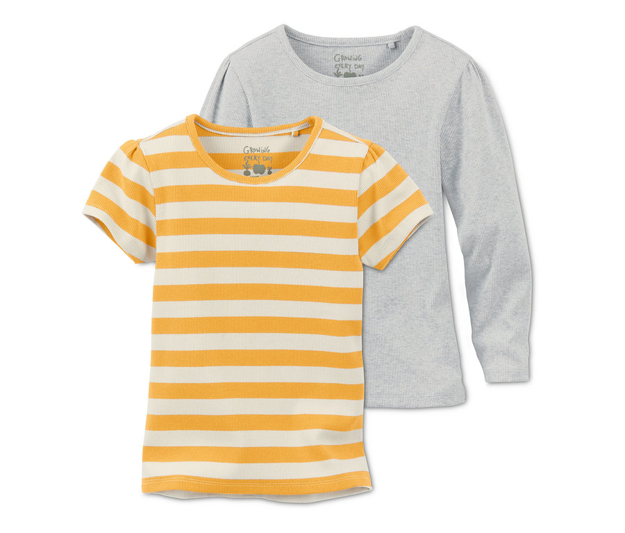 Deux t-shirts en matière côtelée : un jaune rayé blanc et un gris à manches longues.