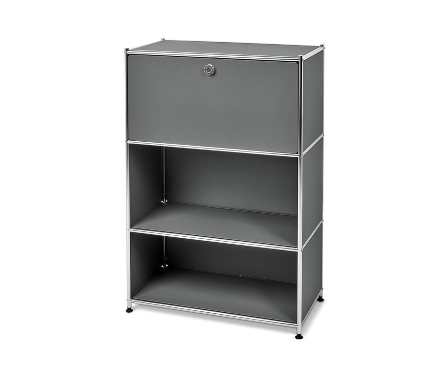 Un secrétaire en métal gris « CN3 » avec une table rabattable et deux étagères ouvertes.