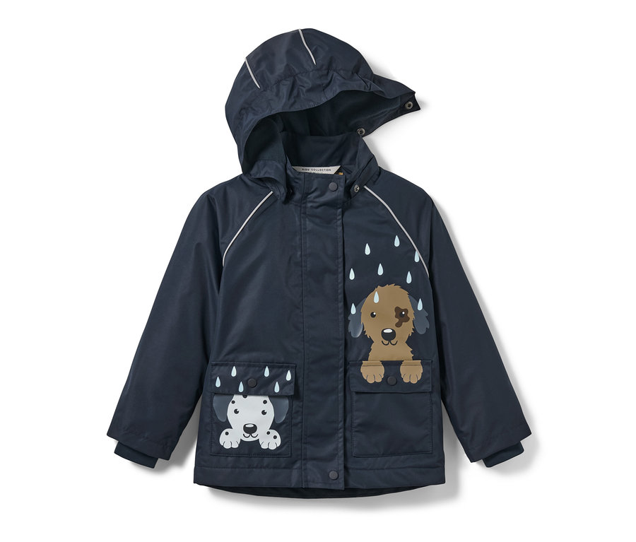 Veste de pluie thermique pour enfant bleu marine avec capuche et imprimé chien.