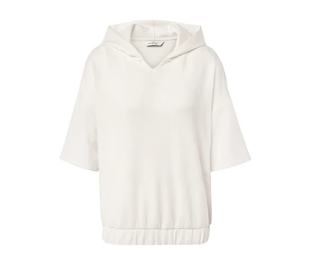 Pull à capuche en mélange de modal couleur crème à manches courtes.