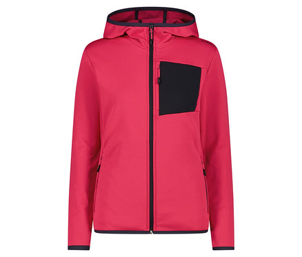 Veste à capuche rose avec poche de poitrine noire.
