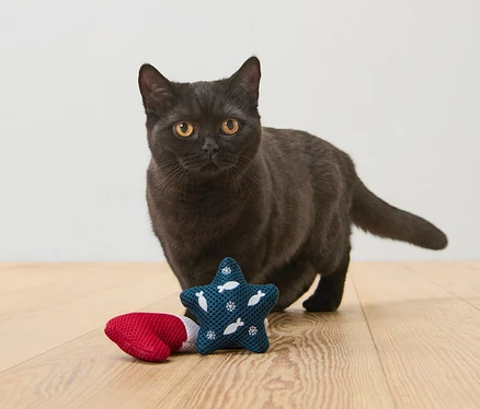 Un chat noir se tient sur un plancher en bois à côté d'un jouet pour chat.