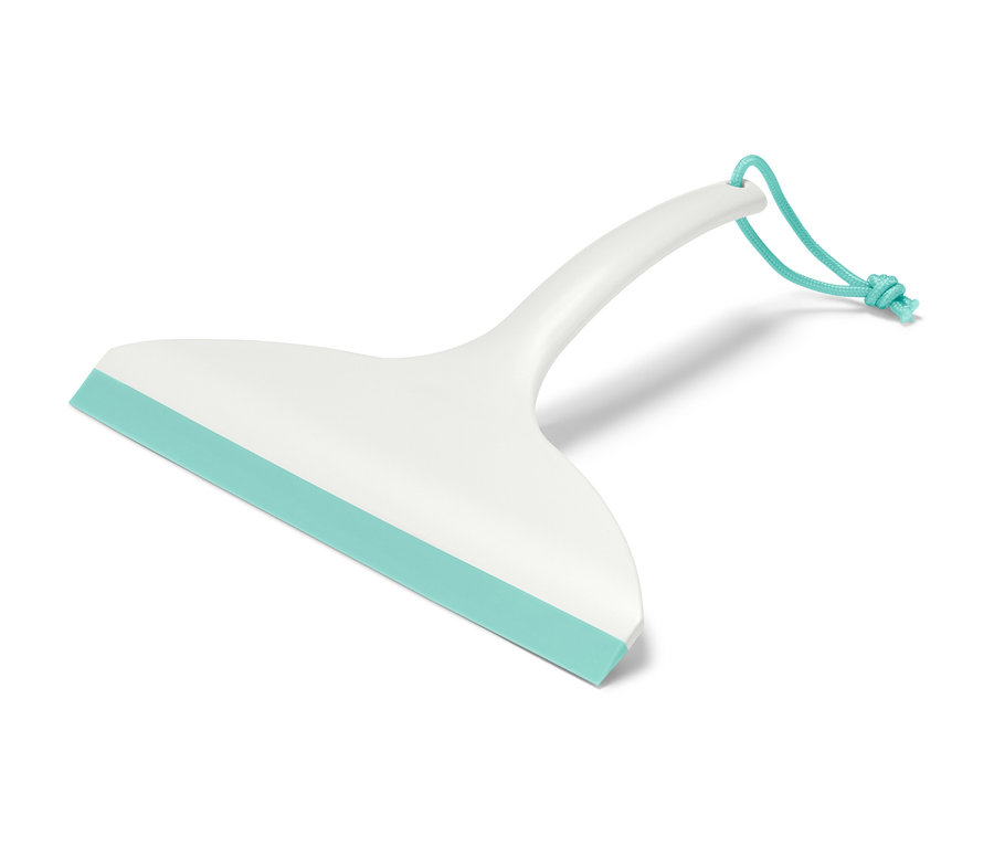 Raclette pour salle de bain blanche avec une lèvre en caoutchouc turquoise et un cordon turquoise pour l'accrocher.