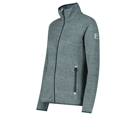 Une veste à motif pied-de-poule avec fermeture éclair et col montant dans les tons bleus.