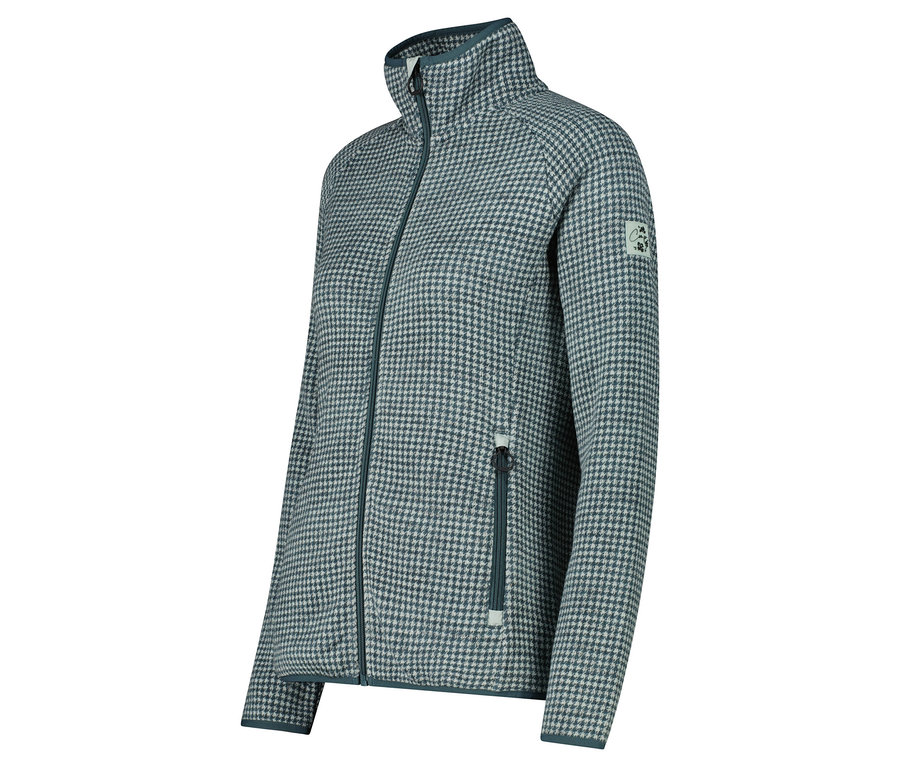 Une veste à motif pied-de-poule avec fermeture éclair et col montant dans les tons bleus.