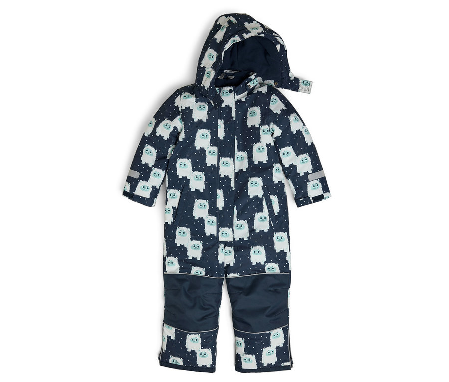 Combinaison enfant bleu marine à capuche, recouverte de personnages de dessins animés blancs.