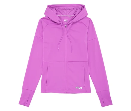 Veste technique violette pour femme FILA avec capuche, fermeture éclair et poches.