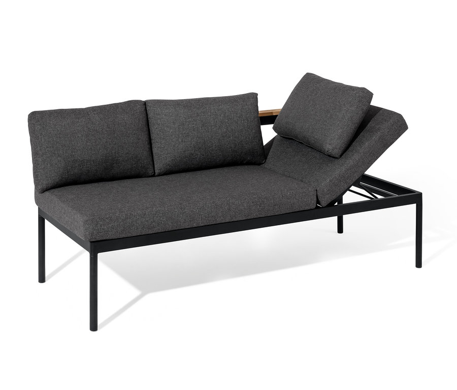 Banquette dining 2 en 1 « Elin » grise avec cadre noir et coussins sur fond blanc.