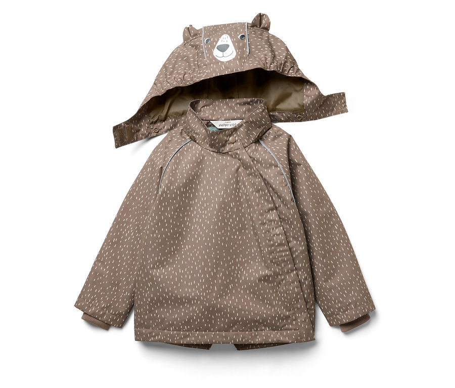 Veste de pluie thermique pour enfant avec capuche à motif d'ours, marron avec des gouttes blanches.