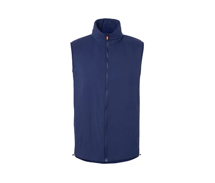Veste fonctionnelle « packable » bleue avec fermeture éclair orange.