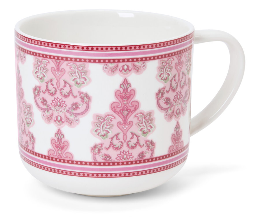 Tasse blanche avec motif floral rose.