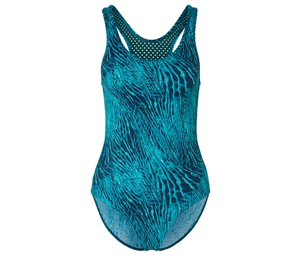 Maillot de bain turquoise et bleu à motifs avec dos nageur et tissu en maille.