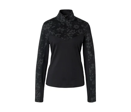 Haut noir à manches longues avec fermeture éclair et motif floral sur les manches et le haut.