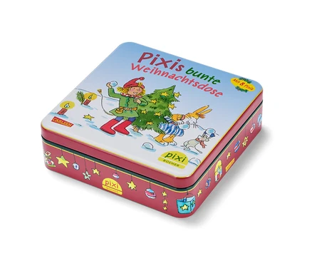 Boîte à livres illustrée « La boîte de Noël colorée de Pixi » avec motif enfantin.