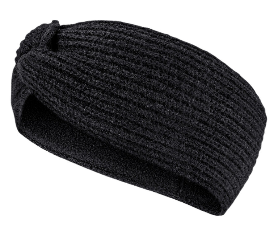 Gros plan d'un bandeau en maille noir.