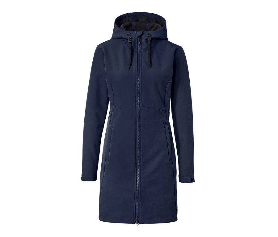 Un manteau en softshell bleu avec une capuche et une fermeture éclair.