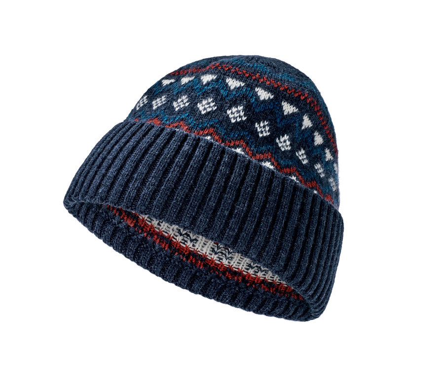 Bonnet tricoté bleu en laine certifiée RWS.