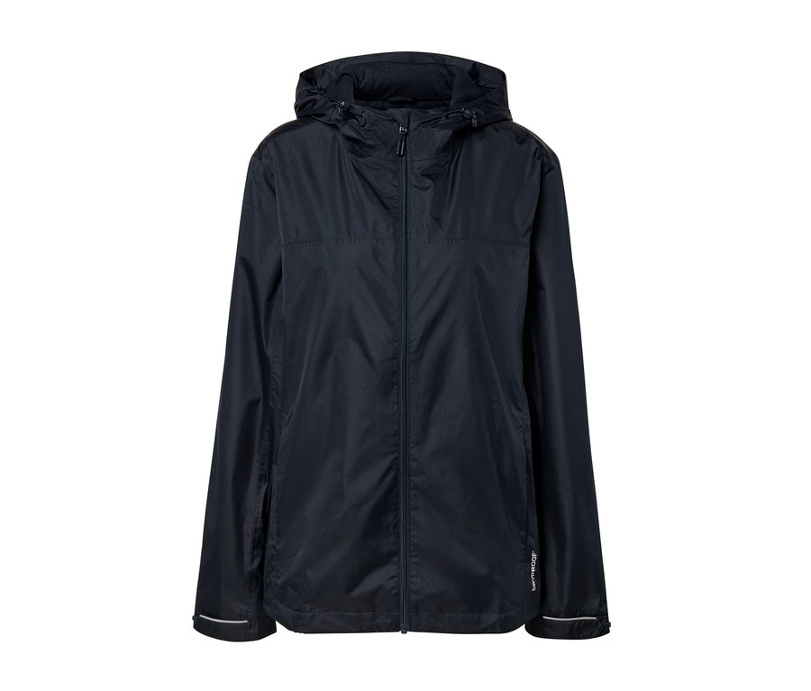Une veste de pluie unisexe bleu marine avec fermeture éclair et capuche.